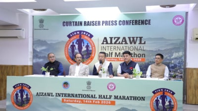 Lalnghinglova Hmar (C), Mizoram’s sports minister, at the press conference to launch the Aizawl International Half Marathon in New Delhi on Thursday. (Mizoram sports ministry) Lalnghinglova Hmar (C), Mizoram’s sports minister, at the press conference to launch the Aizawl International Half Marathon in New Delhi on Thursday. (Mizoram sports ministry)