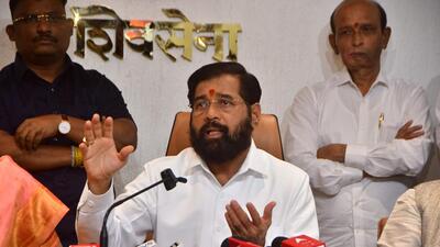 Mumbai, India – 30, Sept 2025: Deputy Chief Minister Eknath Shinde addressing the media on the flood situation in Maharashtra, at Balasaheb Bhavan, Nariman Point, in Mumbai, India, on Tuesday, Sept 30, 2025. (Photo by Bhushan Koyande/HT Photo) Mumbai, India – 30, Sept 2025: Deputy Chief Minister Eknath Shinde addressing the media on the flood situation in Maharashtra, at Balasaheb Bhavan, Nariman Point, in Mumbai, India, on Tuesday, Sept 30, 2025. (Photo by Bhushan Koyande/HT Photo)