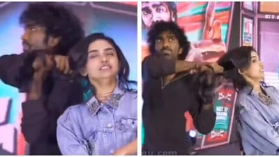 Pradeep Ranganathan pulled Mamitha Baiju's hair on stage. Pradeep Ranganathan pulled Mamitha Baiju's hair on stage.