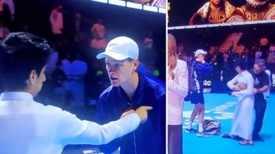 Jannik Sinner was approached by a fan after his match in the Six Kings Slam. (Screengrab)
