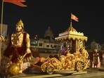 A chariot carrying idols of Lord Ram, Goddess Sita, Lord Lakshman and Lord Hanuman with other deities is seen during preparations for the ninth edition of the Deepotsav, amid the Diwali festivities, in Ayodhya, Friday. (PTI Photo) A chariot carrying idols of Lord Ram, Goddess Sita, Lord Lakshman and Lord Hanuman with other deities is seen during preparations for the ninth edition of the Deepotsav, amid the Diwali festivities, in Ayodhya, Friday. (PTI Photo)