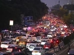 New Delhi, India - Oct. 17, 2025: Massive traffic jam seen ahead of Diwali Festival near NSIC Complex, Okhla in New Delhi, India, on Friday, October 17, 2025.  (Photo by Sanchit Khanna/ Hindustan Times)
