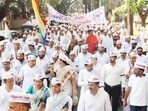 Jain community rallied against the sale of Seth Hirachand Nemchand Digambar Jain Boarding to a private developer. (HT) Jain community rallied against the sale of Seth Hirachand Nemchand Digambar Jain Boarding to a private developer. (HT)