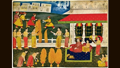 A painting dated to the 1700s shows Mughal emperor Muhammad Shah watching a fireworks display. (Wikimedia) A painting dated to the 1700s shows Mughal emperor Muhammad Shah watching a fireworks display. (Wikimedia)
