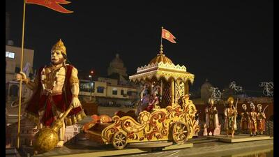 A chariot carrying idols of Lord Ram, Goddess Sita, Lord Lakshman and Lord Hanuman with other deities is seen during preparations for the ninth edition of the Deepotsav, amid the Diwali festivities, in Ayodhya, Friday. (PTI Photo) A chariot carrying idols of Lord Ram, Goddess Sita, Lord Lakshman and Lord Hanuman with other deities is seen during preparations for the ninth edition of the Deepotsav, amid the Diwali festivities, in Ayodhya, Friday. (PTI Photo)
