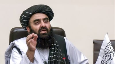 Afghanistan's Foreign Minister Mawlawi Amir Khan Muttaqi during a press conference, in New Delhi, on Friday. (ANI Video Grab ) Afghanistan's Foreign Minister Mawlawi Amir Khan Muttaqi during a press conference, in New Delhi, on Friday. (ANI Video Grab )