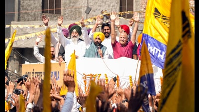 Before AAP candidate Harmeet Singh Sandhu filed his nomination papers, the party held a roadshow led by chief minister Bhagwant Mann and senior party leaders. (@msisodia X) Before AAP candidate Harmeet Singh Sandhu filed his nomination papers, the party held a roadshow led by chief minister Bhagwant Mann and senior party leaders. (@msisodia X)