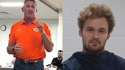 Bill Elliott (L) and the mugshot of Caleb Elliott. (@TrueTexasTea on X and Celina Police) Bill Elliott (L) and the mugshot of Caleb Elliott. (@TrueTexasTea on X and Celina Police)