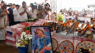 Leader of Opposition Rahul Gandhi pays tribute to the Late singer Zubeen Garg, at his funeral site at Hatimura in Sonapur, in Guwahati on Friday. (ANI)