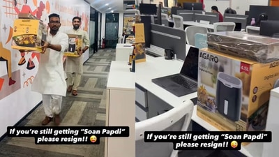 The video captured employees dressed in traditional attire carrying their Diwali gifts. (@bhavika.inframes/Instagram) The video captured employees dressed in traditional attire carrying their Diwali gifts. (@bhavika.inframes/Instagram)