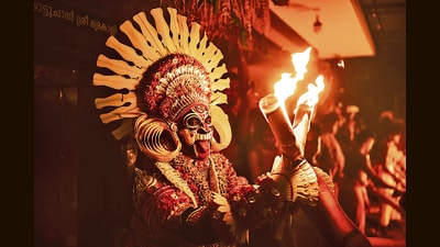 Theyyam combines ancestor worship, fertility rites and myth, and is believed to have originated among indigenous tribes in the Malabar region of present-day Kerala. (Adobe Stock) Theyyam combines ancestor worship, fertility rites and myth, and is believed to have originated among indigenous tribes in the Malabar region of present-day Kerala. (Adobe Stock)