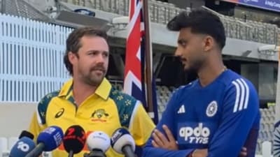 Travis Head and Axar Patel address media ahead of the first ODI between Australia and India. (Cricket Australia) Travis Head and Axar Patel address media ahead of the first ODI between Australia and India. (Cricket Australia)