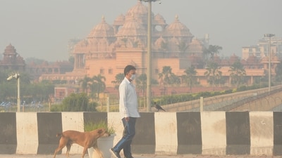 A pedestrian wearing a face mask walks past the Akshardham Temple amidst morning smog, as authorities try to enforce measures to curb air pollution ahead of the Diwali festival. (Subhash Paul/AP )