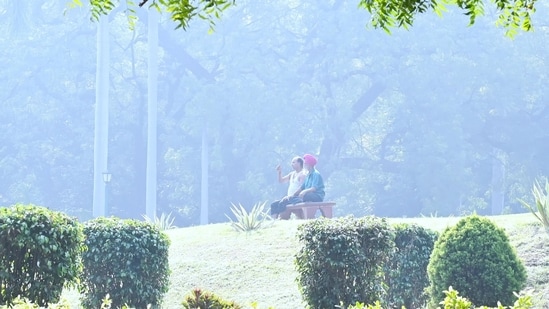 A few morning walkers were seen at Lodhi Garden in early morning Mist and Smog, in New Delhi on Friday.(Vipin Kumar/ Hindustan Times)