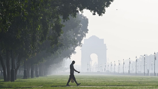 Smog was seen on Kartavya Path earlier in the week in New Delhi amid the festivities of Diwali&nbsp;(Arvind Yadav/ Hindustan Times)