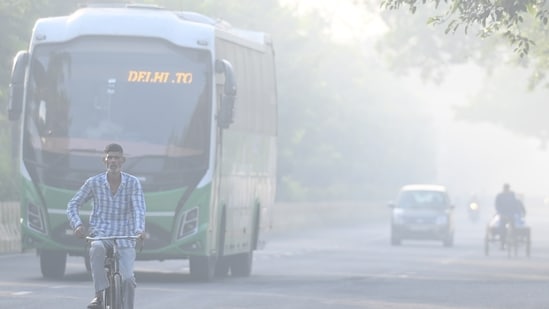 A view of a smoggy morning in Delhi amid the rising pollution levels in Delhi and adjoining areas.of NCR.(Sakib Ali / Hindustan Times)