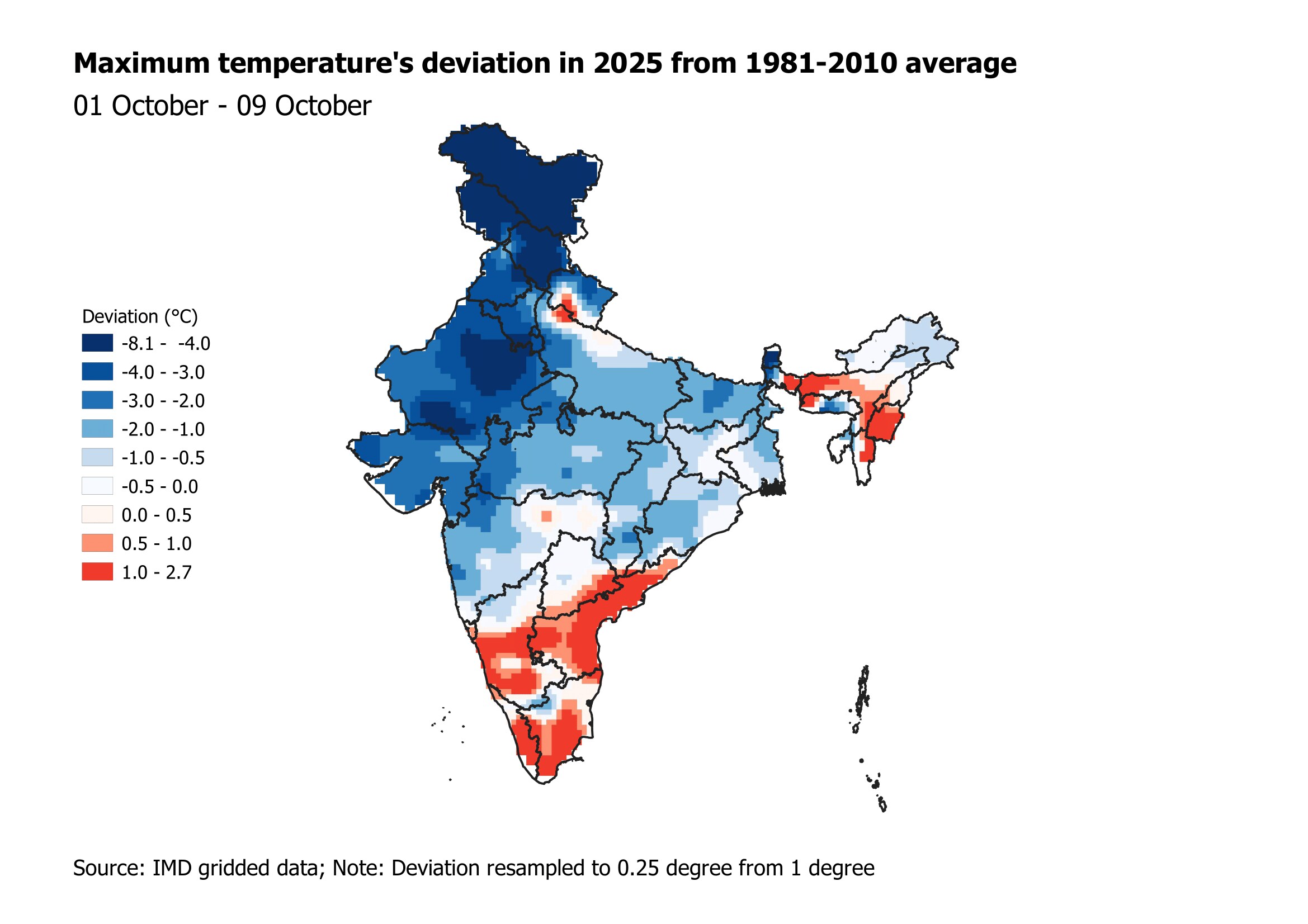 Maximum temperature's deviation in 2025 from 1981-2010 average Maximum temperature's deviation in 2025 from 1981-2010 average