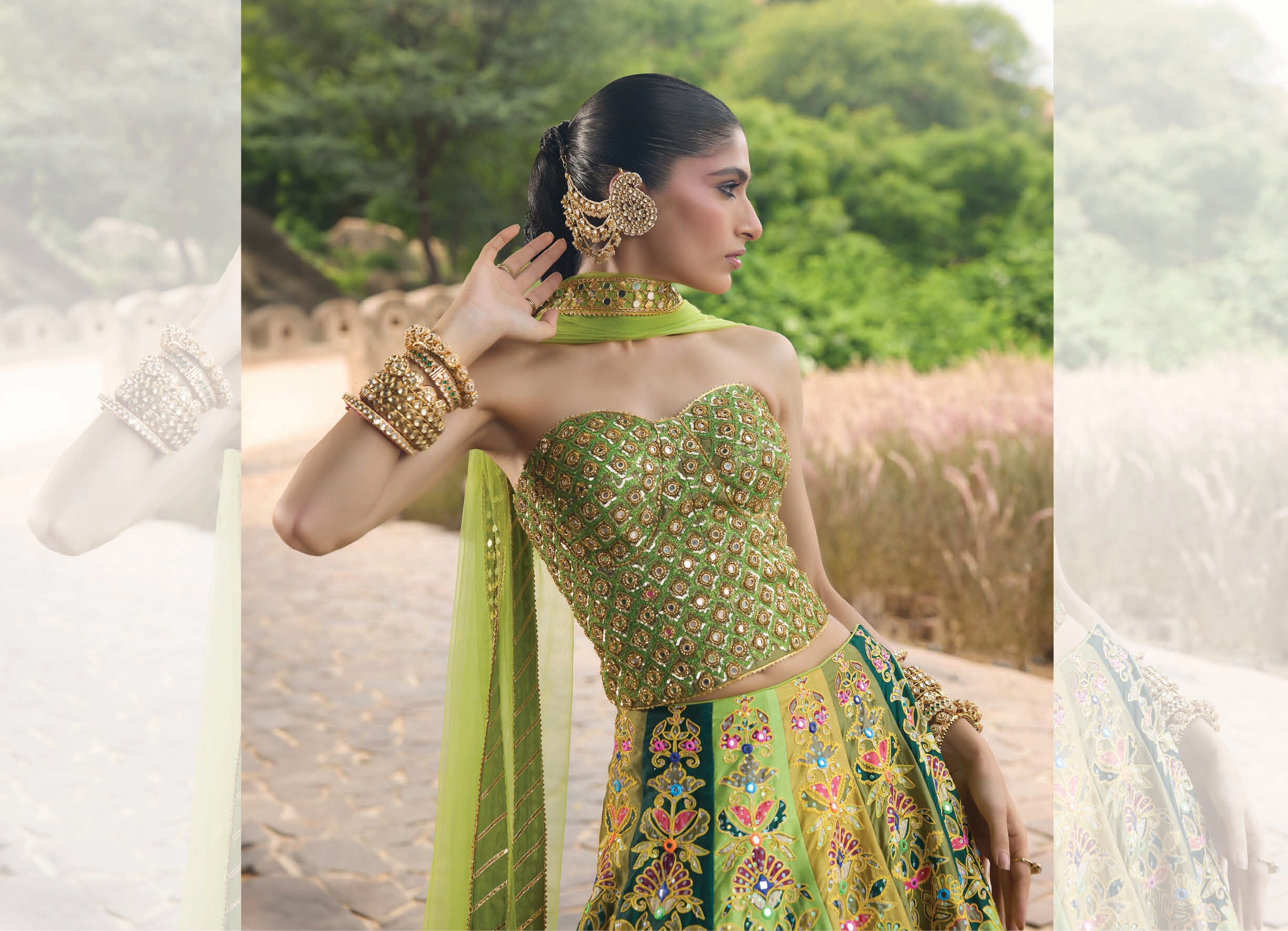 Sculpted corset-style tops and polki jewellery are popular choices this Diwali. (MAYYUR GIROTRA COUTURE) Sculpted corset-style tops and polki jewellery are popular choices this Diwali. (MAYYUR GIROTRA COUTURE)