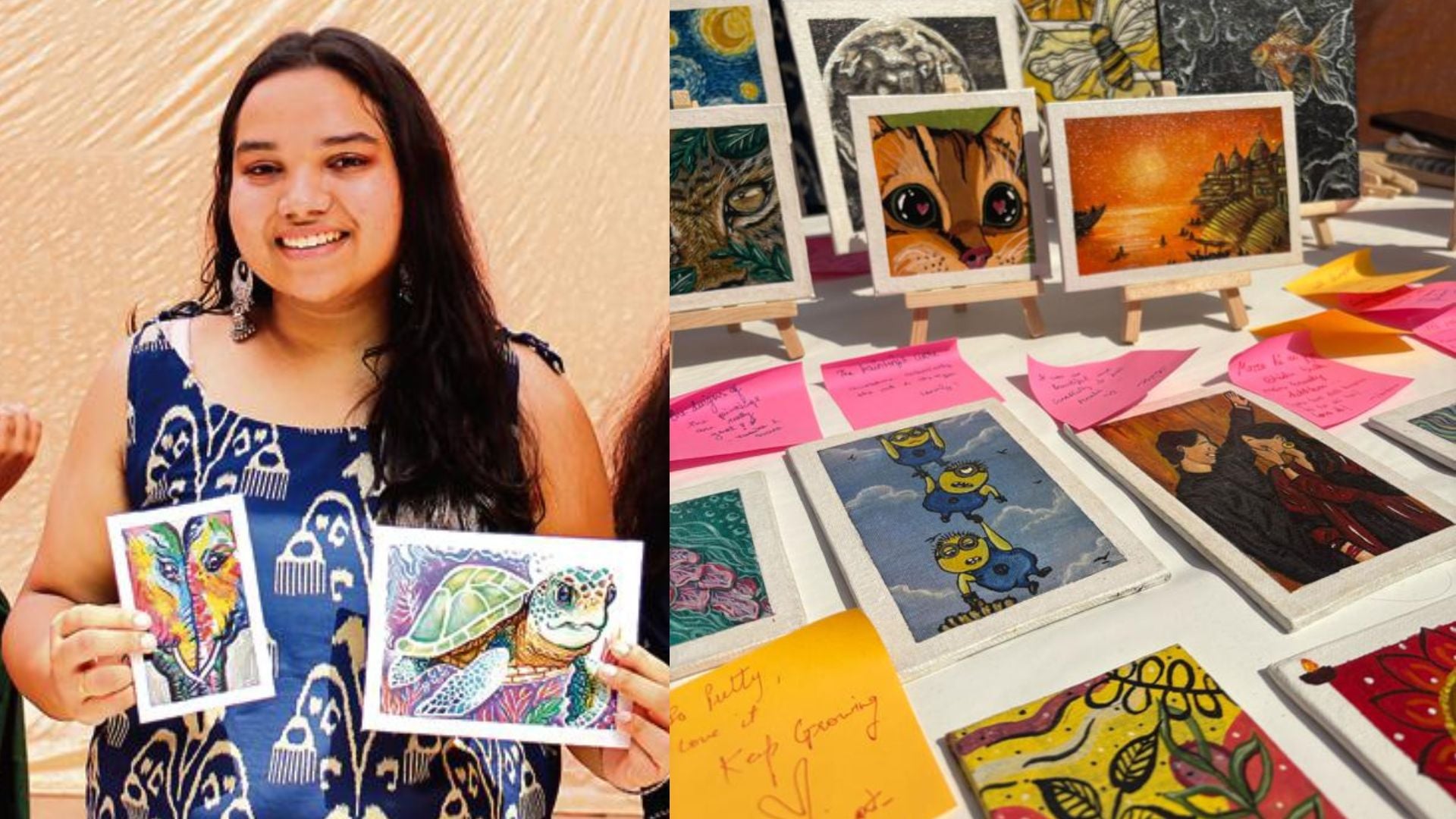 Divyanshi Agrawal shows her small-size artworks created for the mela. Divyanshi Agrawal shows her small-size artworks created for the mela.