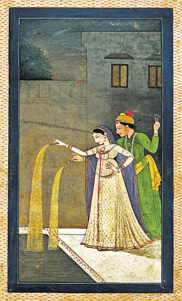 A Pahari painting from the 1800s depicts lovers celebrating Diwali. (British Museum) A Pahari painting from the 1800s depicts lovers celebrating Diwali. (British Museum)