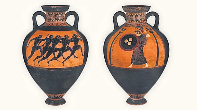 Ancient amphorae depict scenes from the Panathenaic Games, held in Athens in the 6th century BCE. (Metropolitan Museum of Art) Ancient amphorae depict scenes from the Panathenaic Games, held in Athens in the 6th century BCE. (Metropolitan Museum of Art)