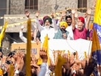 Before AAP candidate Harmeet Singh Sandhu filed his nomination papers, the party held a roadshow led by chief minister Bhagwant Mann and senior party leaders. (@msisodia X) Before AAP candidate Harmeet Singh Sandhu filed his nomination papers, the party held a roadshow led by chief minister Bhagwant Mann and senior party leaders. (@msisodia X)