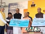 Defence minister Rajnath Singh, Uttar Pradesh chief minister Yogi Adityanath, deputy CM Brajesh Pathak and other dignitaries at the BrahMos ceremony in Lucknow on Saturday. (PIB/ANI PHOTO) Defence minister Rajnath Singh, Uttar Pradesh chief minister Yogi Adityanath, deputy CM Brajesh Pathak and other dignitaries at the BrahMos ceremony in Lucknow on Saturday. (PIB/ANI PHOTO)