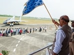 Defence minister Rajnath Singh flags off the first Tejas Mk1A (LA-5043) from the 3rd LCA Mk1A production line, at HAL in Nashik on Friday. (ANI)