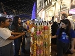Hordes of shoppers are visiting Lajpat Nagar market ahead of Diwali. The wall hangings and other decoratives are the main crowd pullers.(Photo: Sanjeev Verma/HT)