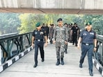 Senior officials of the army at the Bailey’s bridge on Saturday. (HT Photo)