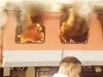 The fire broke out in one of the air-conditioned compartments of the Garib Rath Express near Sirhind station on Saturday. (HT Photo) The fire broke out in one of the air-conditioned compartments of the Garib Rath Express near Sirhind station on Saturday. (HT Photo)