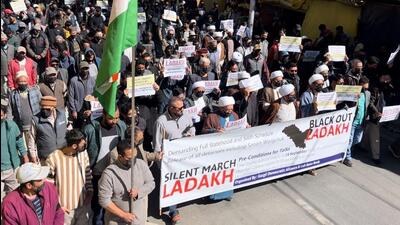 A protest march in Kargil town of Ladakh on Saturday. (Courtesy: X) A protest march in Kargil town of Ladakh on Saturday. (Courtesy: X)