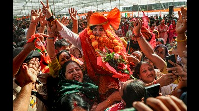 BJP candidate Devyani Rana during a public rally after filing her nomination from Nagrota Assembly seat by-election in Jammu on Saturday. (PTI) BJP candidate Devyani Rana during a public rally after filing her nomination from Nagrota Assembly seat by-election in Jammu on Saturday. (PTI)