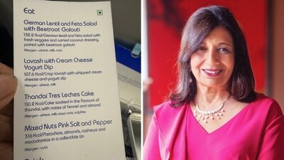 A picture of IndiGo's gourmet menu shared by Bengaluru billionaire Kiran Mazumdar-Shaw. (X/@kiranshaw) A picture of IndiGo's gourmet menu shared by Bengaluru billionaire Kiran Mazumdar-Shaw. (X/@kiranshaw)