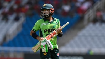 Mohammad Rizwan of Pakistan walks off the field dismissed by Jayden Seales of West Indies. (AFP) Mohammad Rizwan of Pakistan walks off the field dismissed by Jayden Seales of West Indies. (AFP)