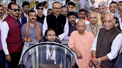 Defence minister Rajnath Singh, UP CM Yogi Adityanath and DyCM Brajesh Pathak with others during the flagging off ceremony of the first batch of BrahMos missiles manufactured at the BrahMos Aerospace unit at Sarojini Nagar, in Lucknow on Saturday. (PTI) Defence minister Rajnath Singh, UP CM Yogi Adityanath and DyCM Brajesh Pathak with others during the flagging off ceremony of the first batch of BrahMos missiles manufactured at the BrahMos Aerospace unit at Sarojini Nagar, in Lucknow on Saturday. (PTI)