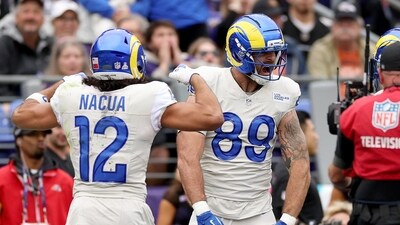 Tyler Higbee #89 of the Los Angeles Rams celebrates after a touchdown. (Getty Images via AFP) Tyler Higbee #89 of the Los Angeles Rams celebrates after a touchdown. (Getty Images via AFP)