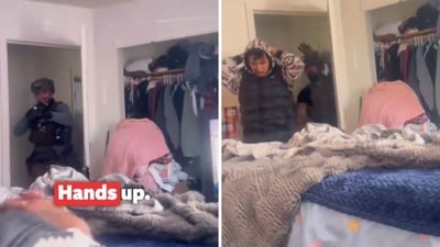 The ICE agents allegedly shouted, ‘Police, don’t move, hands up’ after breaking down the door. (Screengrab) The ICE agents allegedly shouted, ‘Police, don’t move, hands up’ after breaking down the door. (Screengrab)