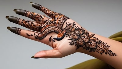 The festival also symbolises togetherness, gratitude, and spreading joy to loved ones. This mehndi pattern is a bold, elaborate peacock design that flows diagonally across the back of the hand, with intricate feather and vine detailing. (Pinterest) The festival also symbolises togetherness, gratitude, and spreading joy to loved ones. This mehndi pattern is a bold, elaborate peacock design that flows diagonally across the back of the hand, with intricate feather and vine detailing. (Pinterest)
