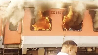 The fire broke out in one of the air-conditioned compartments of the Garib Rath Express near Sirhind station on Saturday. (HT Photo)