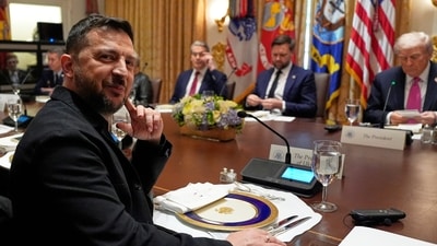 Ukraine's President Volodymyr Zelenskyy, left, sits before a lunch with President Donald Trump, from right, Vice President JD Vance and Treasury Secretary Scott Bessent. (AP) Ukraine's President Volodymyr Zelenskyy, left, sits before a lunch with President Donald Trump, from right, Vice President JD Vance and Treasury Secretary Scott Bessent. (AP)