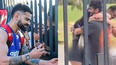 Virat Kohli signing autographs and the couple celebrating after getting his sign (screengrab from RevSportz video/x.com) Virat Kohli signing autographs and the couple celebrating after getting his sign (screengrab from RevSportz video/x.com)