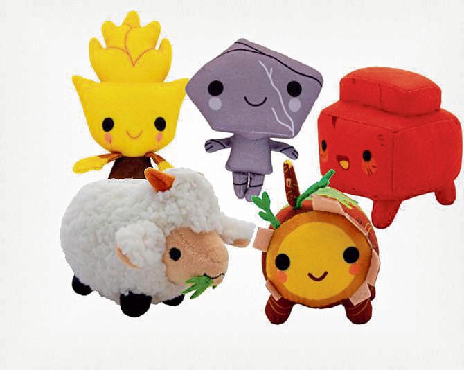 Plushies of sheep, wheat, ore, brick and wood. Plushies of sheep, wheat, ore, brick and wood.