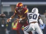 Dallas Cowboys linebacker Shemar James (50) forces a fumble by Washington Commanders quarterback Jayden Daniels (5) Dallas Cowboys linebacker Shemar James (50) forces a fumble by Washington Commanders quarterback Jayden Daniels (5)
