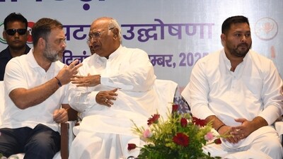 File photo of Congress party president Mallikarjun Kharge with leader of Opposition in Lok Sabha and Congress leader Rahul Gandhi, RJD leader Tejashwi Yadav.