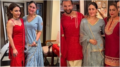 Kareena Kapoor stuns in regal powder blue lehenga for Dhanteras celebration. (Instagram/@sakpataudi) Kareena Kapoor stuns in regal powder blue lehenga for Dhanteras celebration. (Instagram/@sakpataudi)