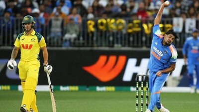 Harshit Rana bowls during the one day international cricket match between Australia and India in Perth. (AP) Harshit Rana bowls during the one day international cricket match between Australia and India in Perth. (AP)