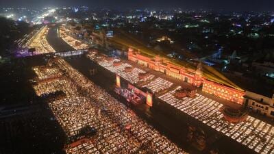 An aerial view of Deepotsav celebrations in Ayodhya on Sunday. (HT) An aerial view of Deepotsav celebrations in Ayodhya on Sunday. (HT)