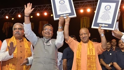 Uttar Pradesh Chief Minister Yogi Adityanath after receiving two new Guinness World Records created during Deepotsav celebrations for largest display of oil lamps and the most people performing simultaneous 'diya' rotation. ( Deepak Gupta/Hindustan Times)
