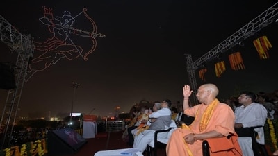 Chief Minister Yogi Adityanath looking at a drone show during the grand Deepotsav celebrations in Ayodhya, Uttar Pradesh. ( Deepak Gupta/Hindustan Times)